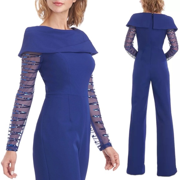 JS Collections Sequined Pintuck Jumpsuit in Blue, Size 4 New w/Tag, Retail $298 - Picture 1 of 14